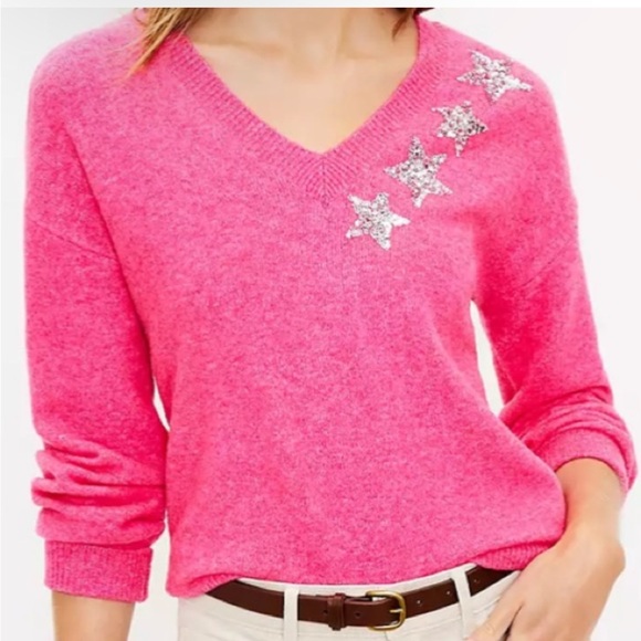 The Loft pink sweater with sequin stars- size L $20 - Picture 1 of 6